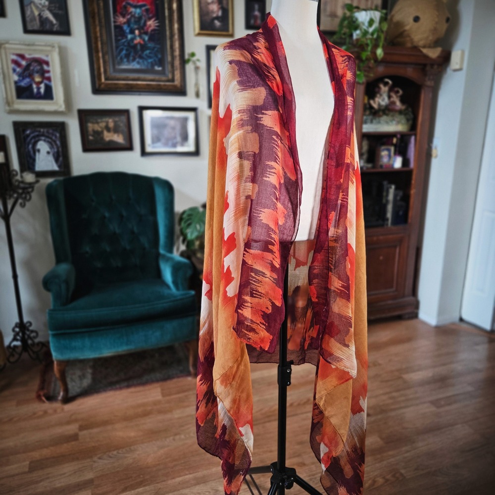 Abstract Print Scarf Large Orange Burgundy‎ Sheer Lightweight Wrap Shawl 78x46